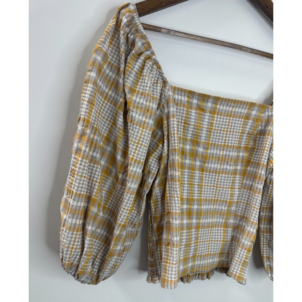 Maeve Anthropologie Gingham Plaid Smocked Puff Sleeve Ruffle Top XS Square Neck - Picture 10 of 13